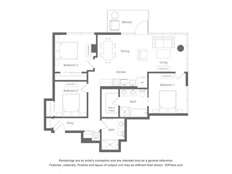 Floor plan for 2 beds, 2 baths, 1185 sqft